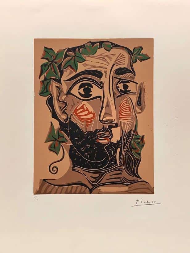 Pablo Picasso, Bearded Man Crowned in Greenery (artist’s proof), Linocut, 1962.