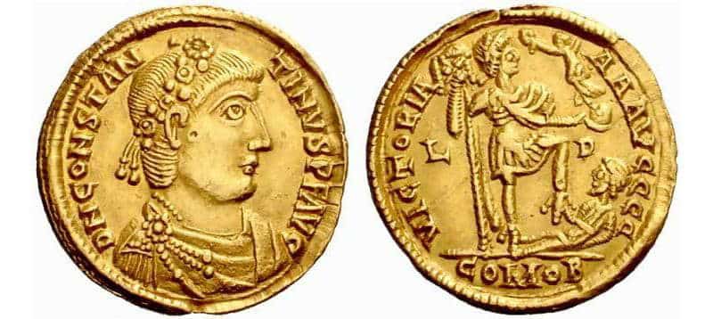 A gold coin of Emperor Constantine III, via WildWinds