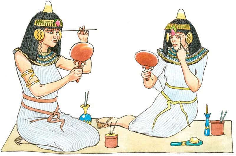 Cosmetic scene of women applying kohl to the contour of their eyes, holding a mirror and instruments.