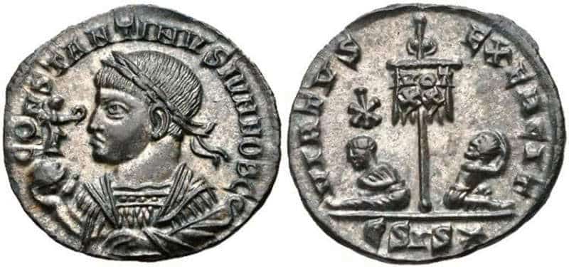 A silver coin of Emperor Constantine II. with mint mark on reverse, via Wildwinds.