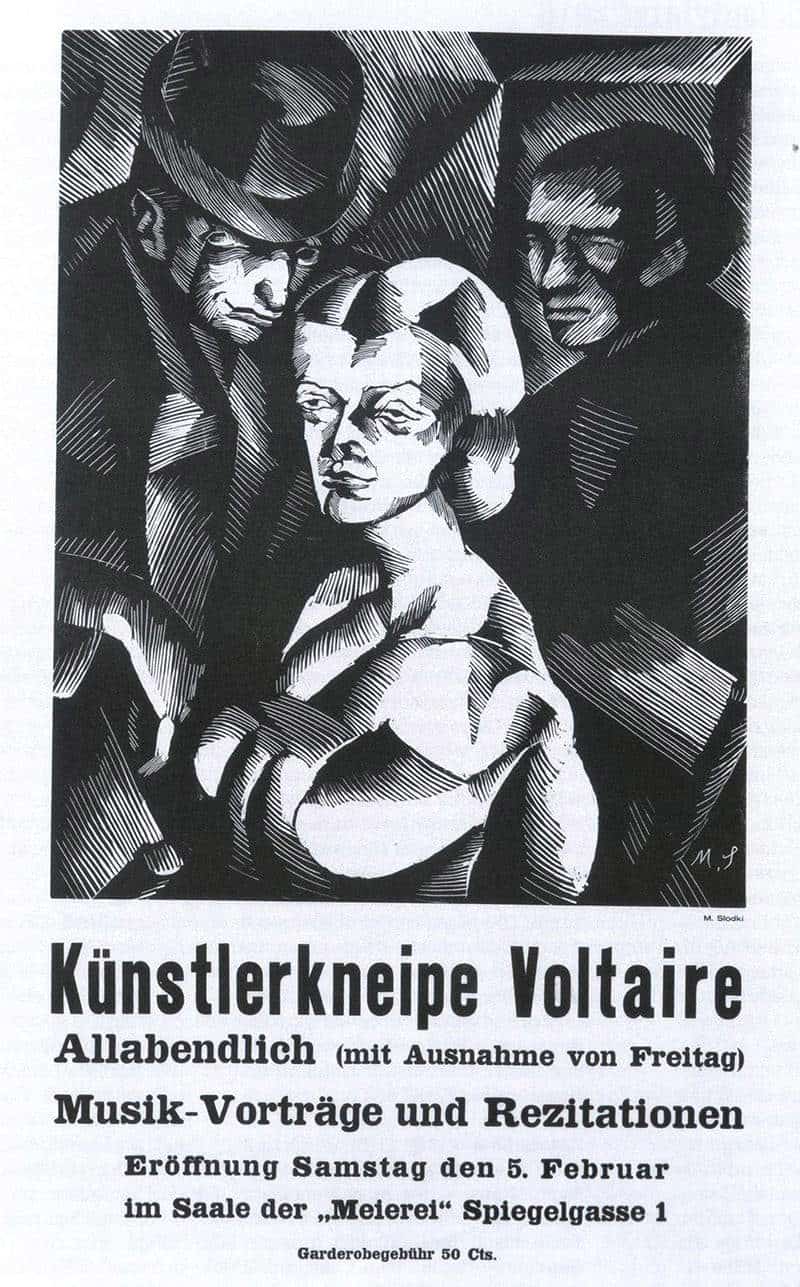 Poster for the opening of the Cabaret Voltaire (By Marcel Słodki (1892-1944) 