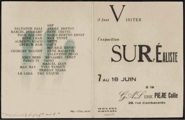 Poster for the first Surrealism exhibition (Mr. and Mrs. Allan C. Balch Art Research Library, Los Angeles County Museum of Art)