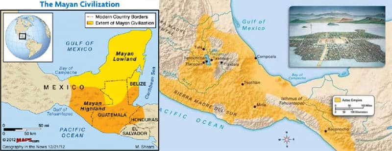 Left: Mayan geographical location, via National Geographic, 2012. Right: Aztec geographical location, via Aztec Culture, 2015.