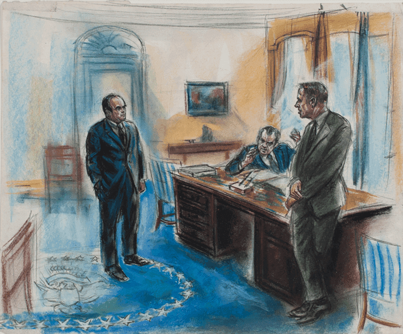 Pastel drawing by Frieda Reiter, a recreation of 1973 conversation, drawn to accompany television playback of Nixon White House tapes during the 1974 trial 