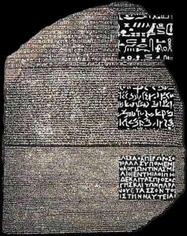 The Rosetta Stone with close-up of the three types of text on it.