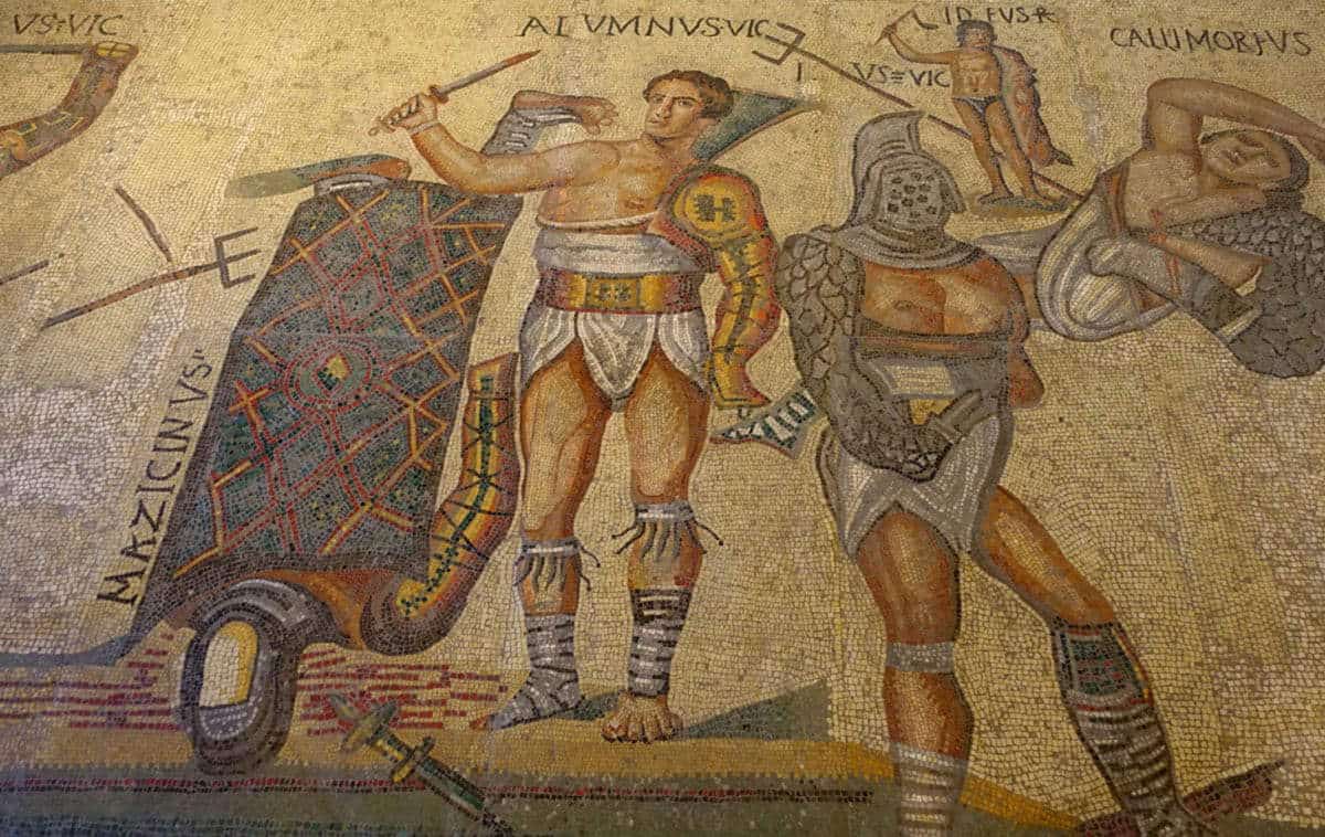 Roman gladiators depicted on a mosaic currently in the Galleria Borghese in Rome