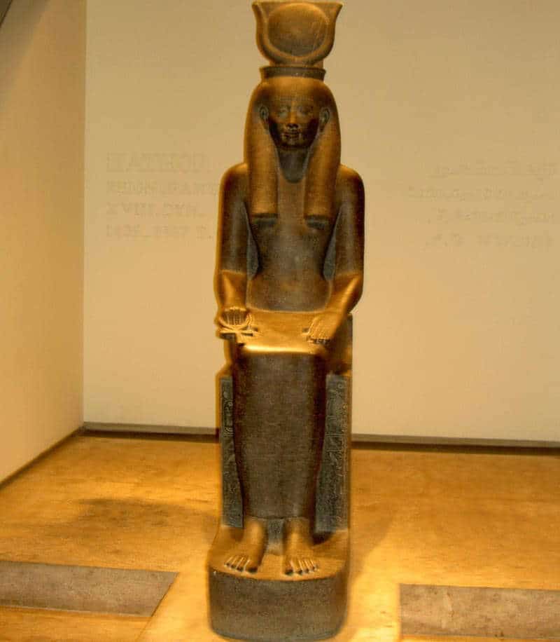 Statue of Hathor with cow horns, via Wikimedia