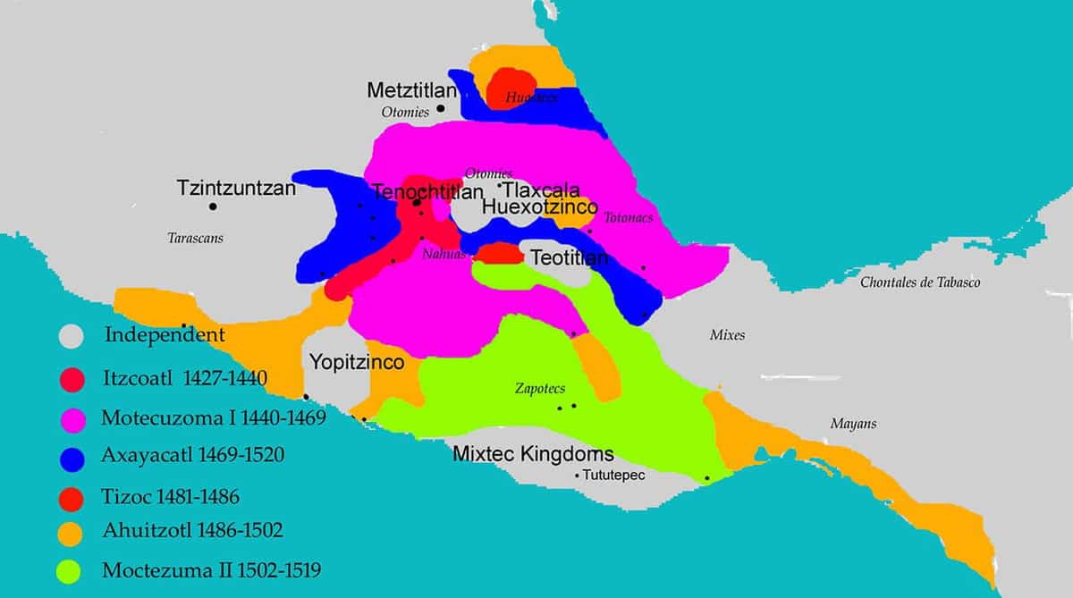 Map of the expansion of Aztec Empire, showing the areas conquered by the Aztec rulers, via reddit