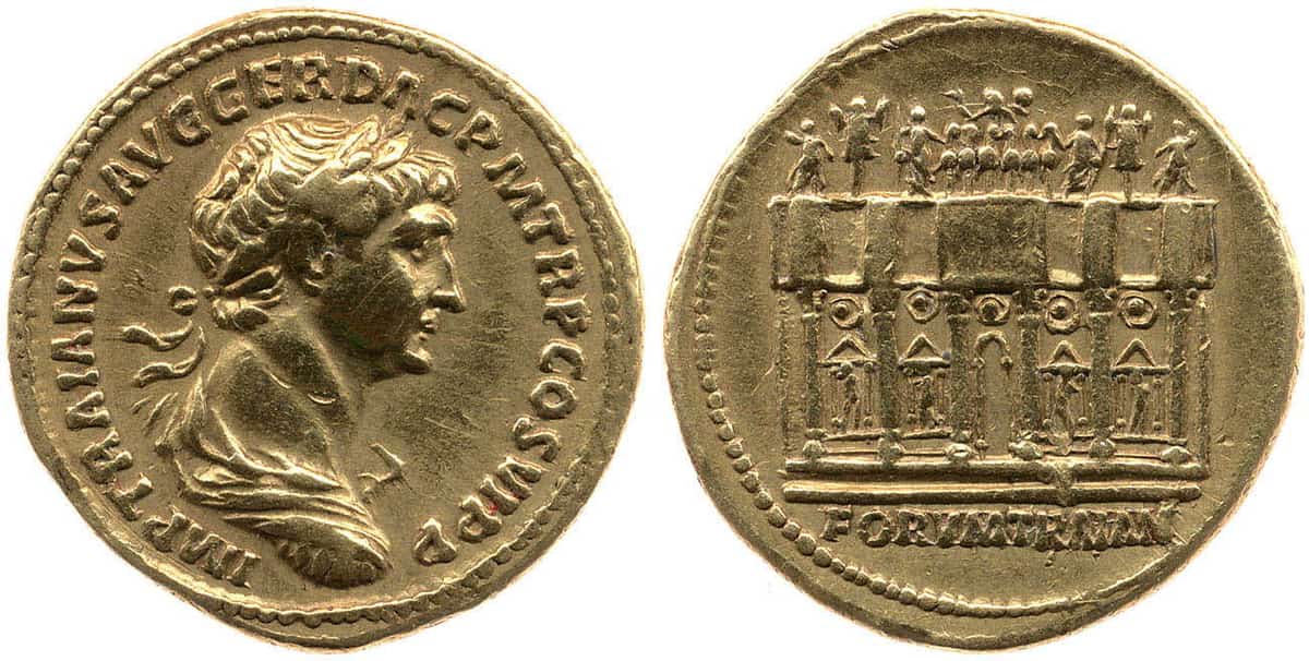 Gold Aureus of emperor Trajan, with reverse showing the Basilica Ulpia in the Forum of Trajan with trophies and quadriga statuary, 112-17 CE. Source: The British Museum