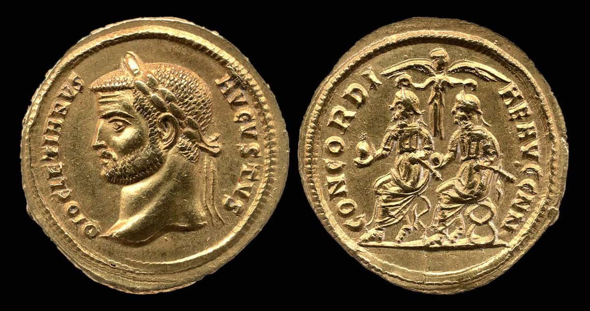 Gold coin depicting co-emperors Diocletian and Maximian seated together, 284-305 CE. Source: The British Museum, London