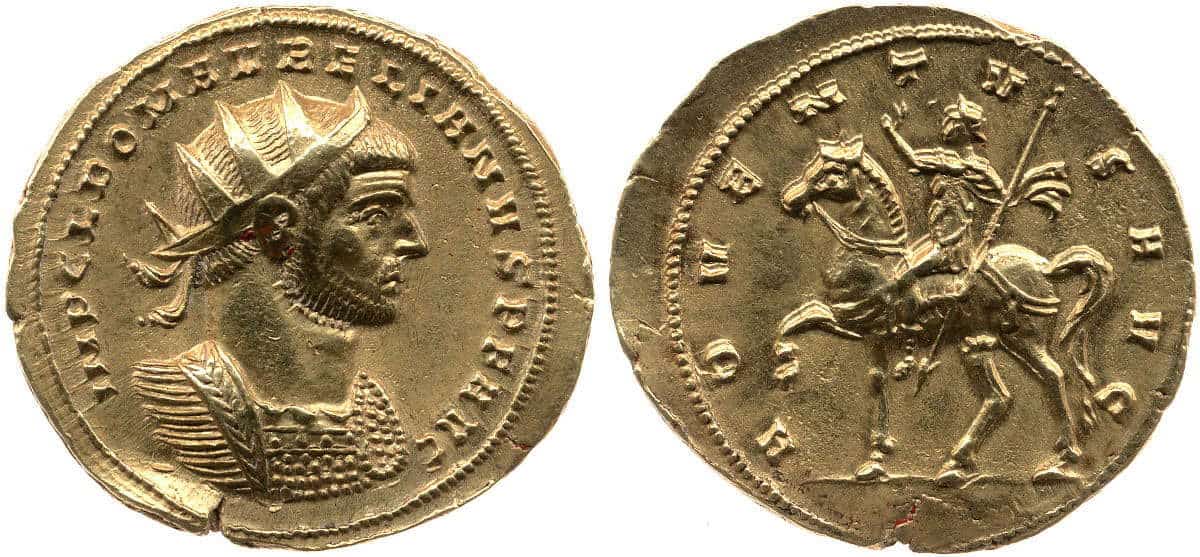 Gold coin of Aurelian, showing emperor in full military dress on the reverse, 270-275 CE. Source: The British Museum, London