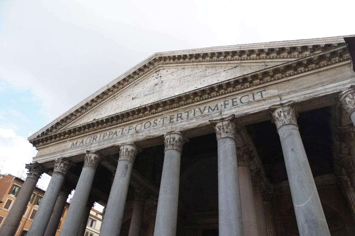 close up pantheon facade inscription