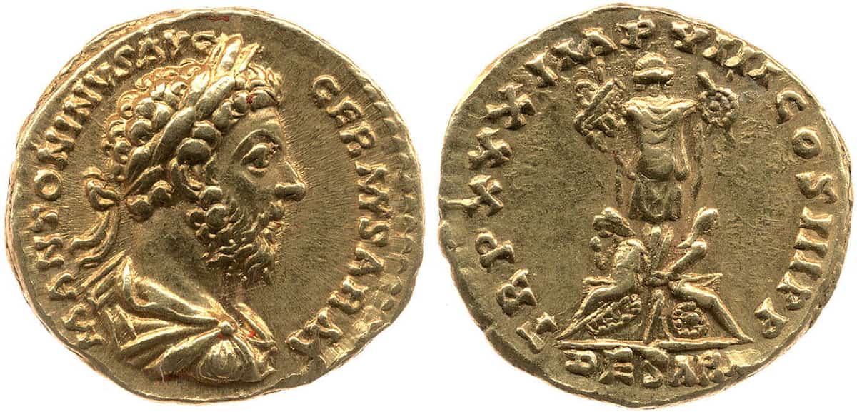 Gold coin of emperor Marcus Aurelius, showing the war trophy and the captives, 175-176 CE. Source: The British Museum, London