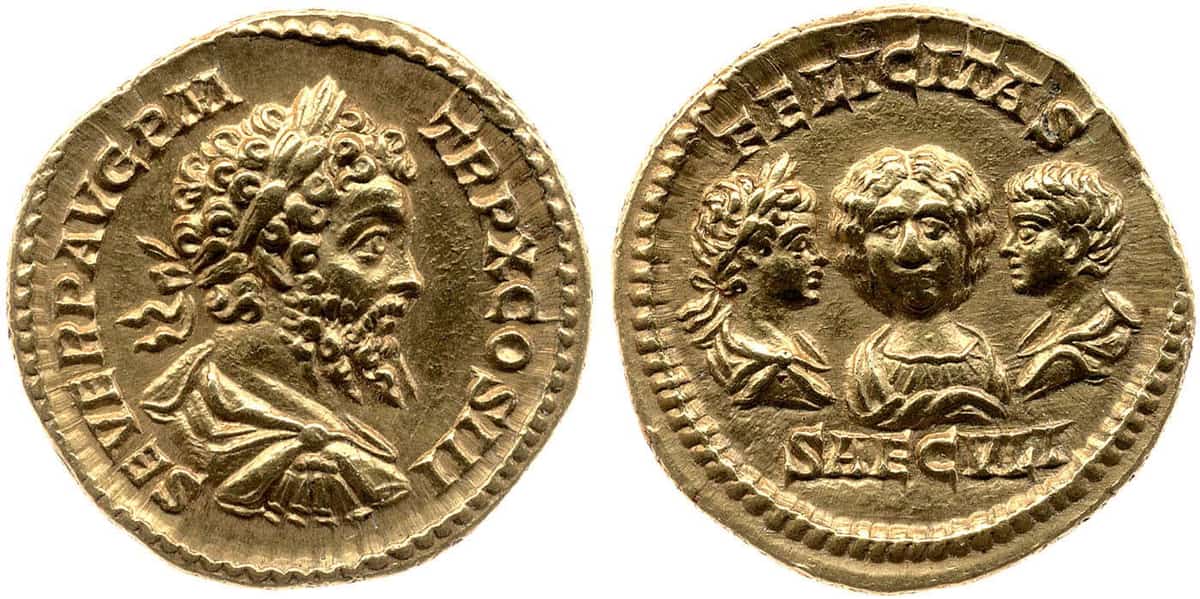 Gold coin of Septimius Severus, showing his family, the sons and heirs Caracalla and Geta, and wife Julia Domna, 202 CE. Source: The British Museum, London