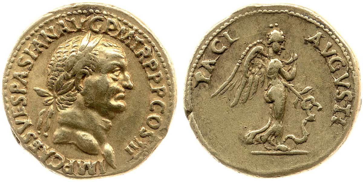 Gold coin of Vespasian, commemorating the restoration of peace, 71 CE. Source: The British Museum