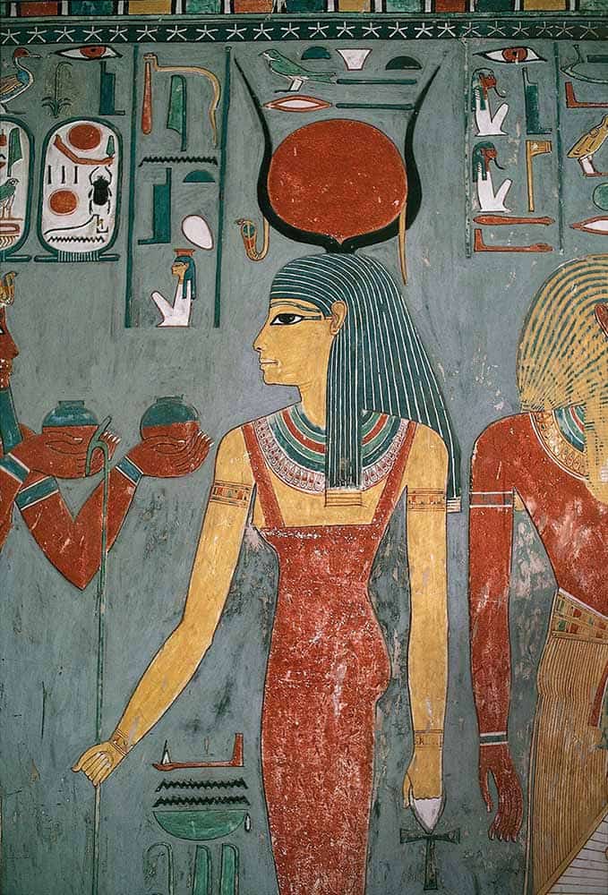 Mural of Isis in sun disk crown from the tomb of Horemheb, Valley of the Kings, c. 13th century BCE. Source: National Geographic