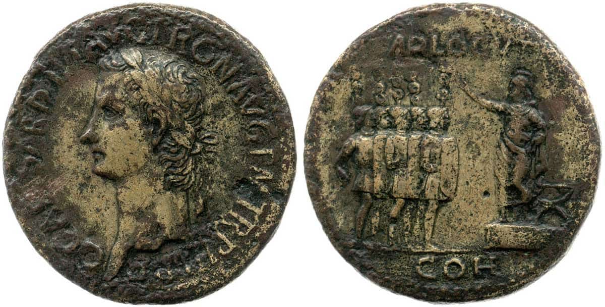 Copper alloy coin of emperor Caligula, with reverse depicting the emperor addressing the soldiers, 40-41 CE. Source: The British Museum