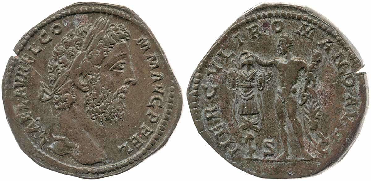 Copper alloy coin of emperor Commodus, with obverse portrait of the emperor and reverse image of Hercules (with Commodus’ features) holding club and lion skin, 191-192 CE. Source: The British Museum