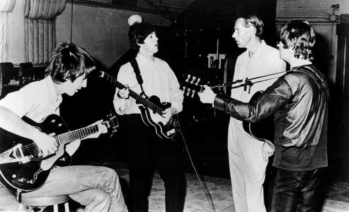 Harrison, McCartney and Lennon with George Martin in the studio, 1966, via Wikimedia Commons. 