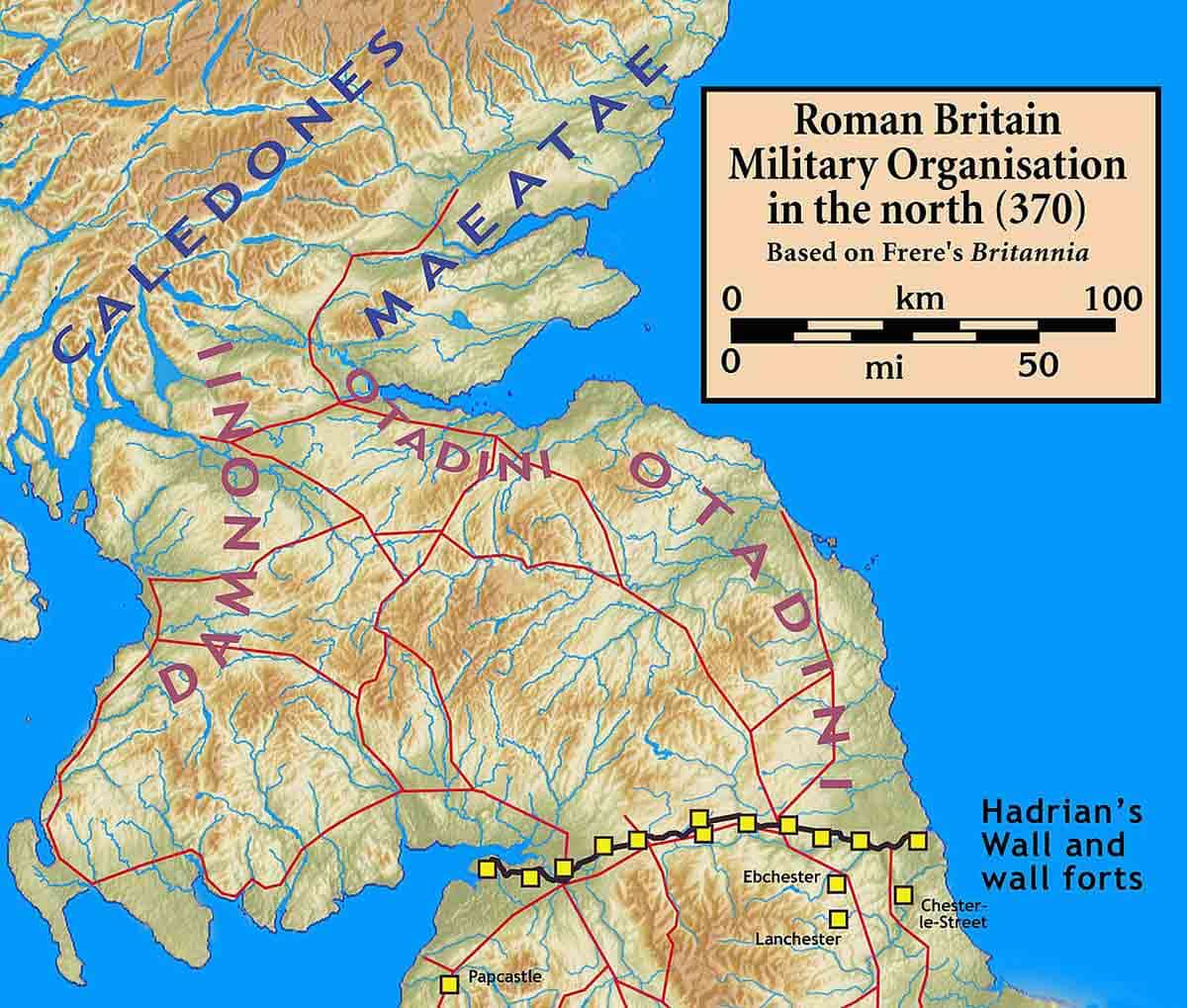 Hadrians wall: Roman military organisation on the northern frontier of Britannia (AD 370), via Wikimedia Commons