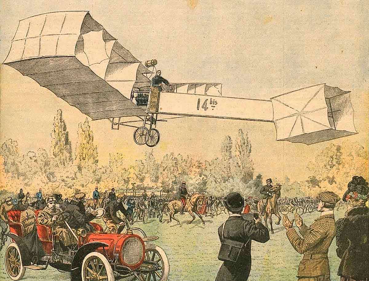 Illustration showing Alberto Santos-Dumont’s plane taking off in the early 20th century