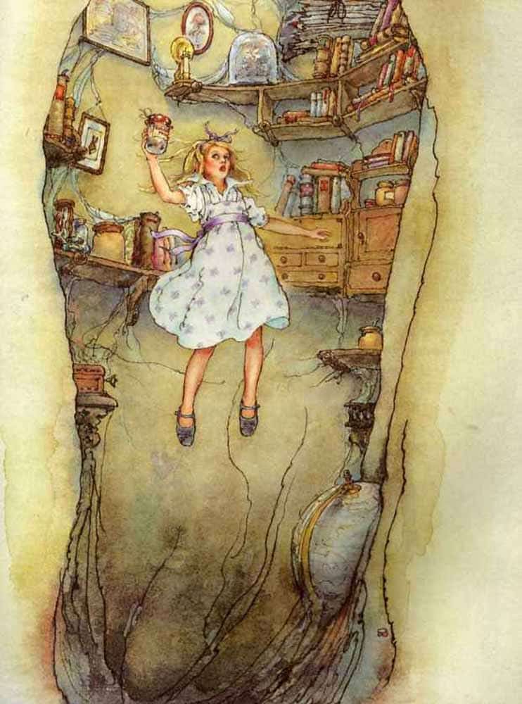 Alice falling down the rabbit hole, vintage illustration