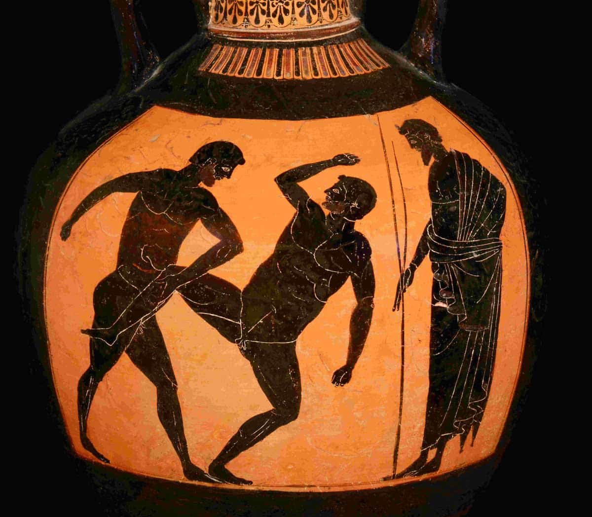 Black-Figured Panathenaic Amphora, depicting two wrestlers and a referee