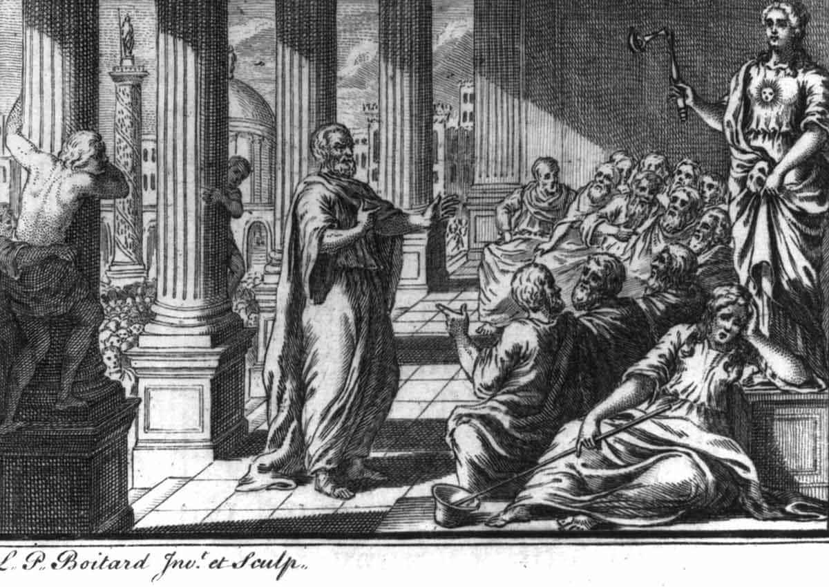 Socrates standing before seated group in temple portico by L.P. Boitard, 1750. Source: Wikimedia Commons