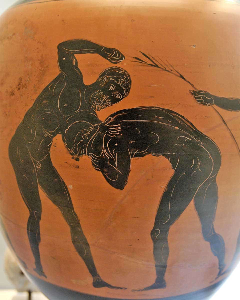 Two athletes competing in the Pankration, Panathenaic amphora, made in Athens in 332-331 BC, Source: Wikimedia Commons