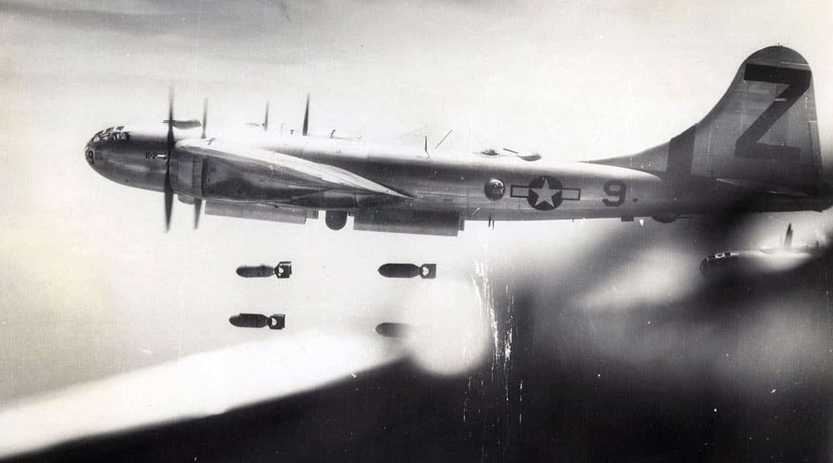 B-29 Pacific Bomber dropping bombs over Japan. Source: National World War II Museum