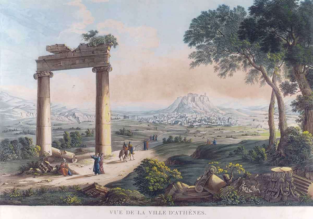 View of Athens from Hadrian’s Αqueduct on the piedmonts of Lycabettus Hill (c. 1803) by Cassas Louis-Francois. Source: Wikimedia Commons