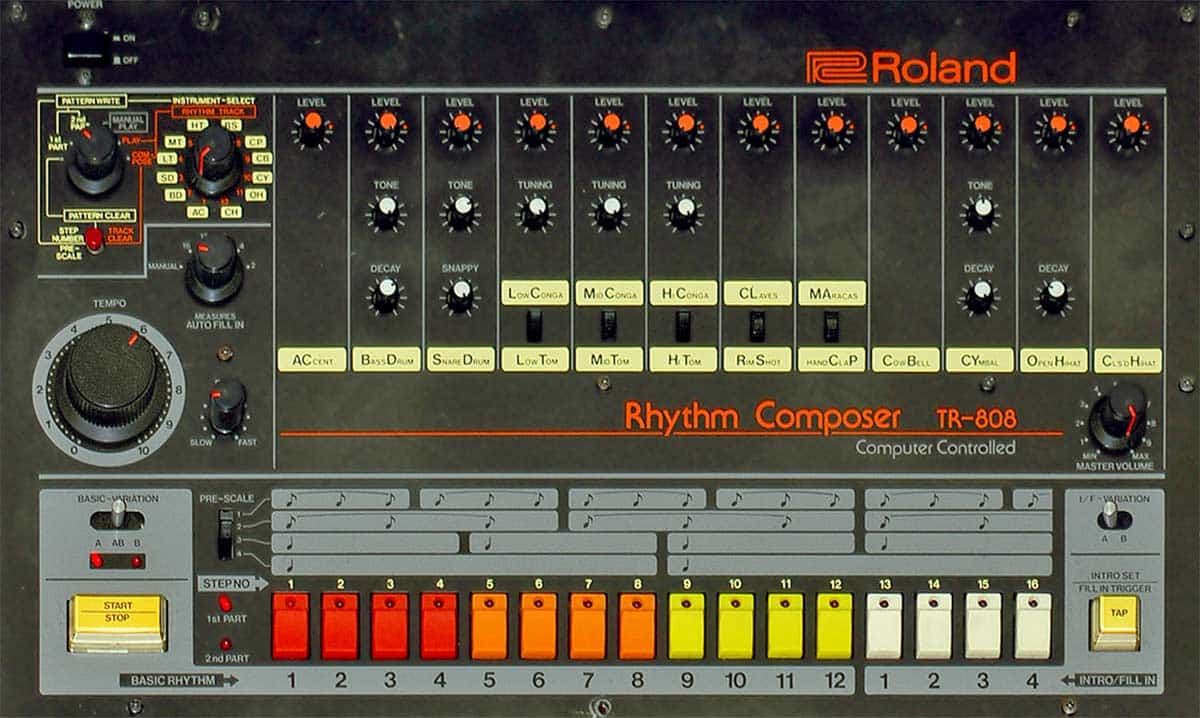 The cornerstone of electronic dance music and hip-hop during the 1980s, the Roland TR-808 Rhythm Composer drum machine, Source: Wikimedia Commons