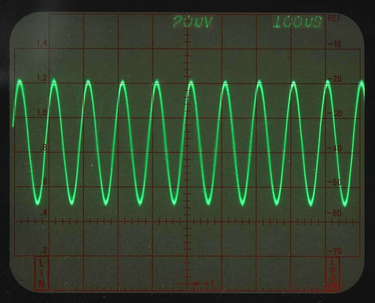 A single frequency sound wave at 10Hz displayed on an analog oscilloscope, Source: Wikimedia Commons