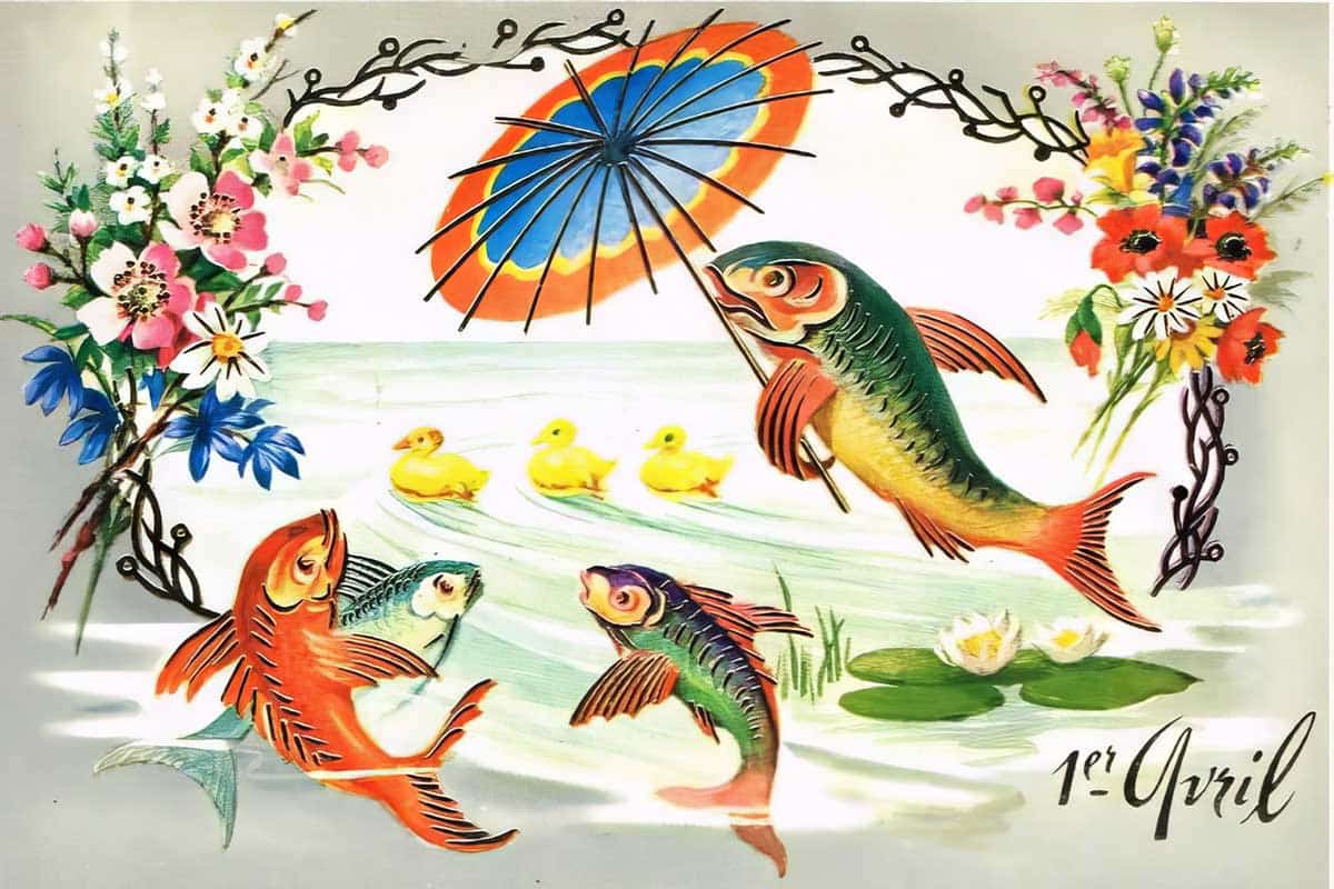 Vintage postcard celebrating the French tradition of poisson d’avril. Source: Multi Collection