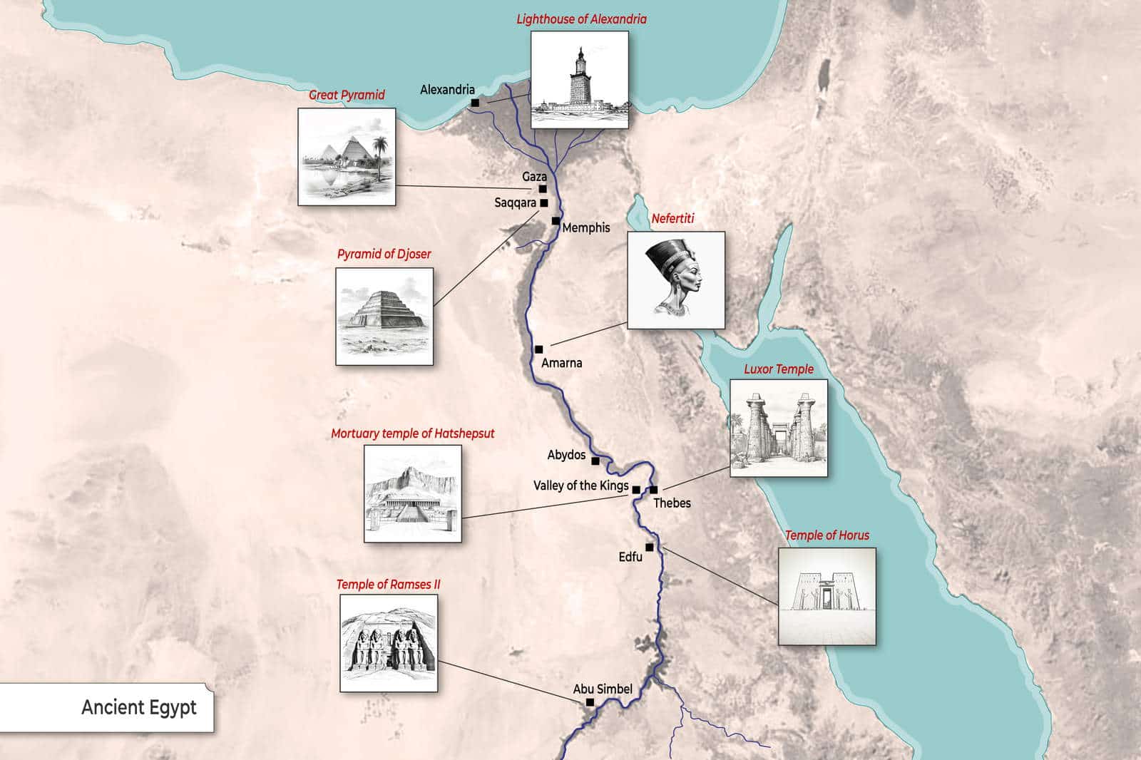 Map of Ancient Egypt with Famous Sites