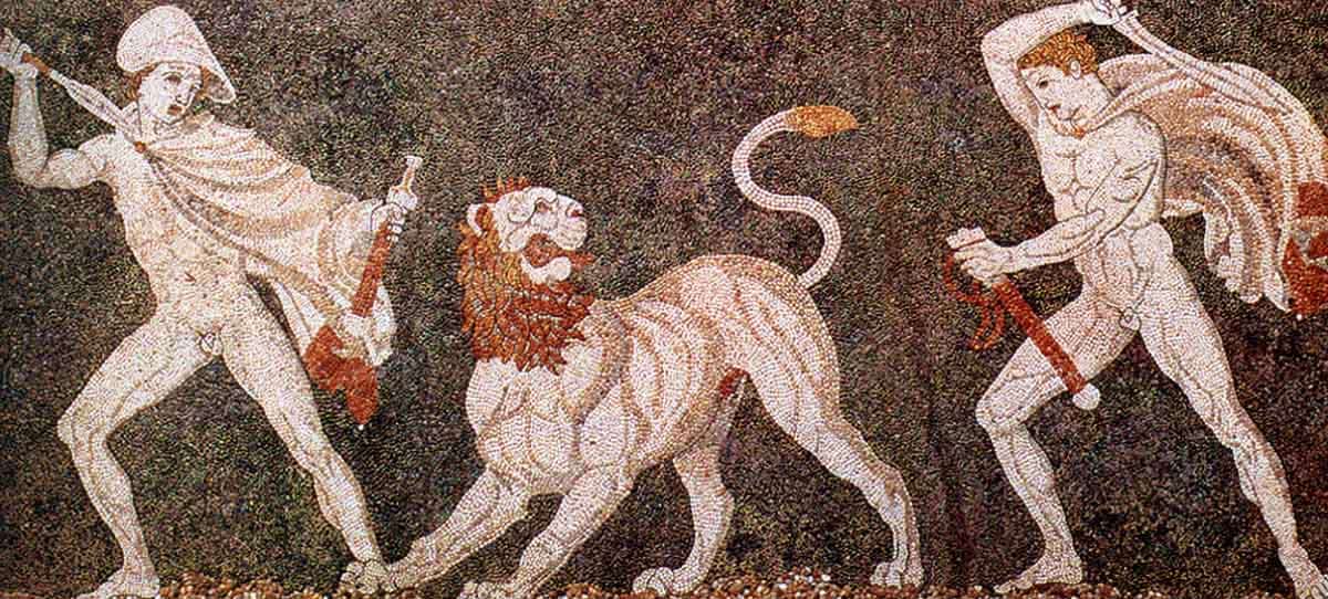 lion hunt mosaic macedonian