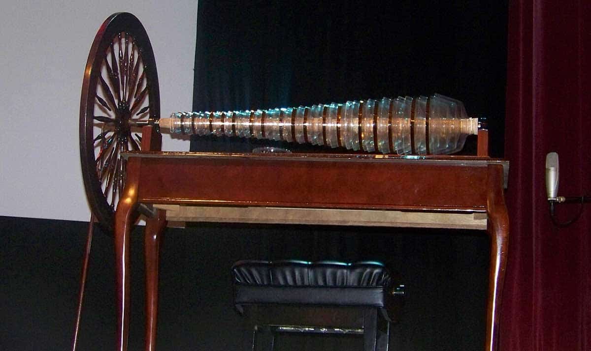 A reproduction glass armonica built using Benjamin Franklin's original design, Source: Wikimedia Commons