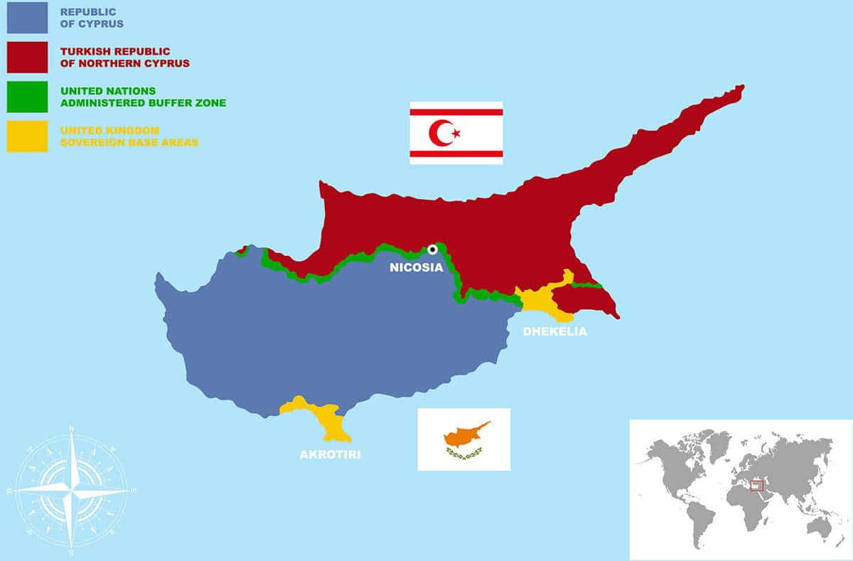 A map of Cyprus displaying the division between both sides and the cities of Cyprus. Source: Mappr