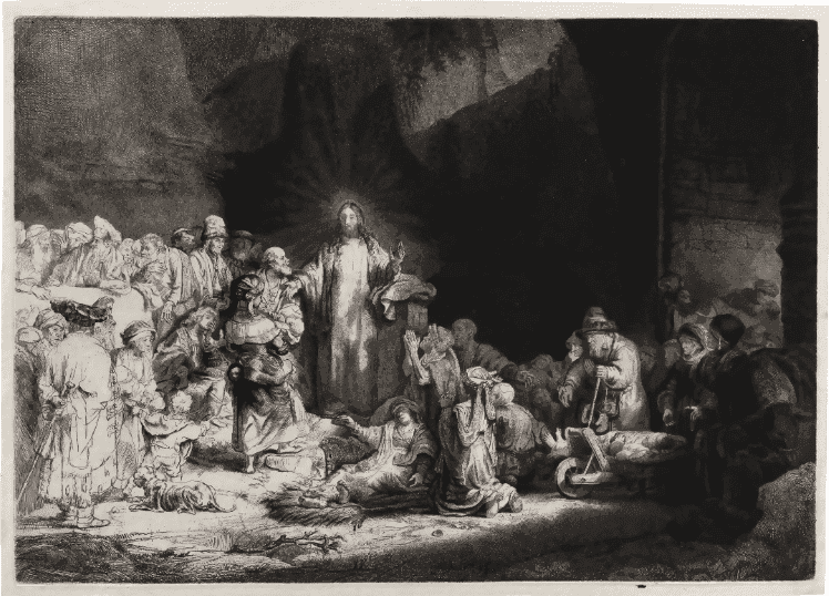 Rembrandt Harmensz Van Rijn, Christ Healing the Sick (The Hundred Guilder Print), 29.4 x 40.5 cm, Etching, Sold by Christies for $59,300 USD.