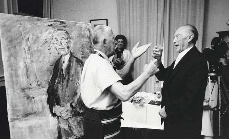 Oskar Kokoschka and Konrad Adenauer in front of his portrait canvas, 1966